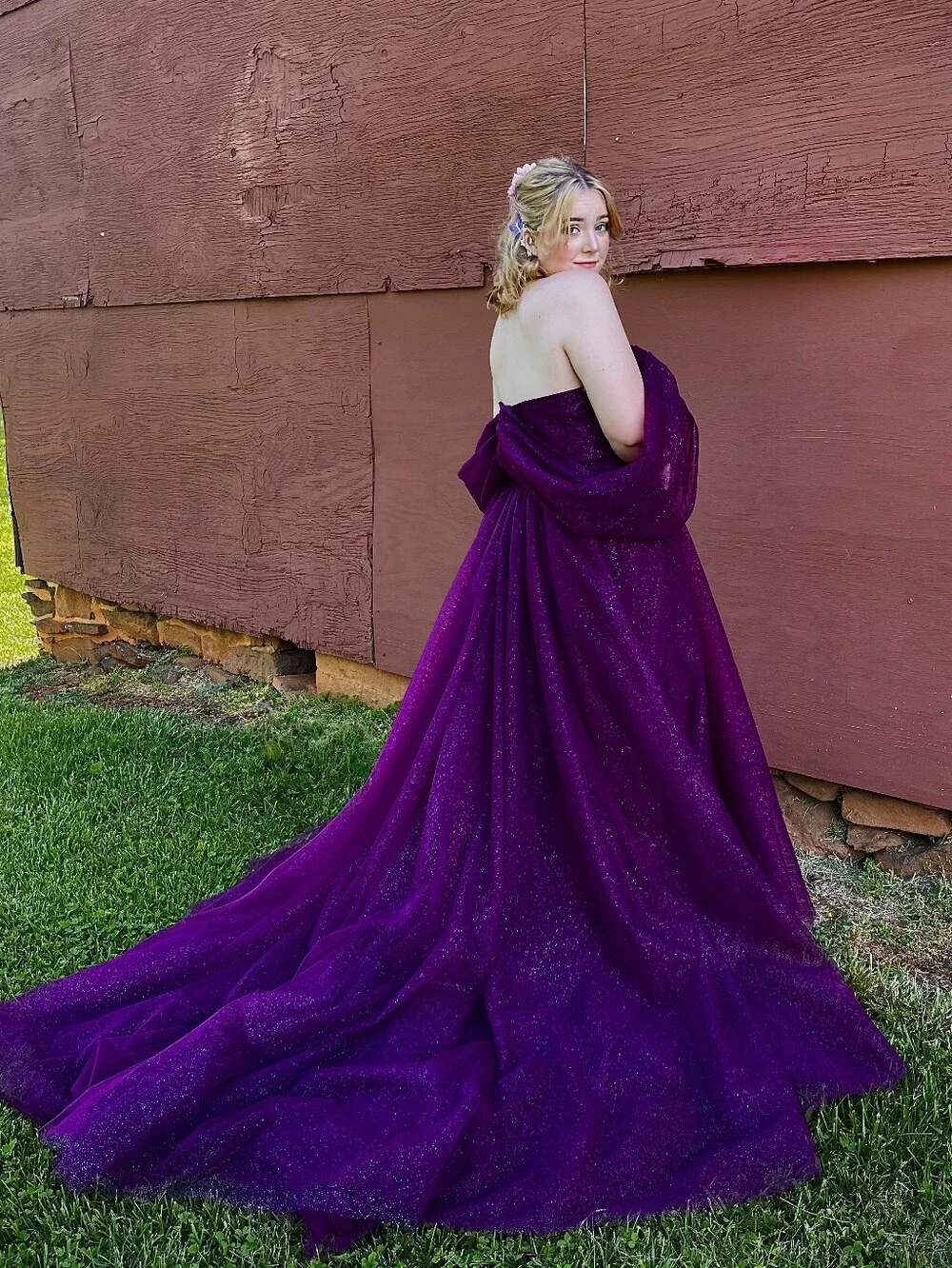 Staccee's Floor Length Princess Ball Gown With Detatchable Sleeves- Grape
